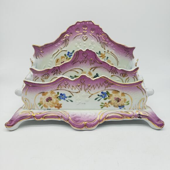 Limoges Hand Painted Floral Two Tier Footed Letter Holder. China Porcelain - Picture 1 of 16